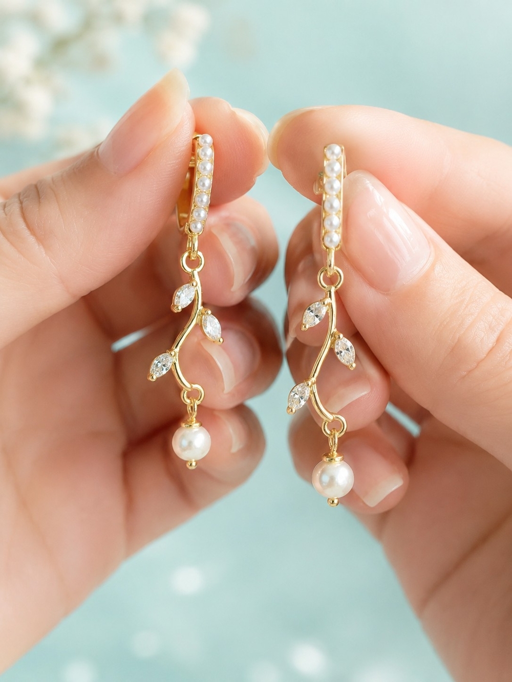 Gold Pearl Leaf Drop Earrings — Elegant Women's Jewelry